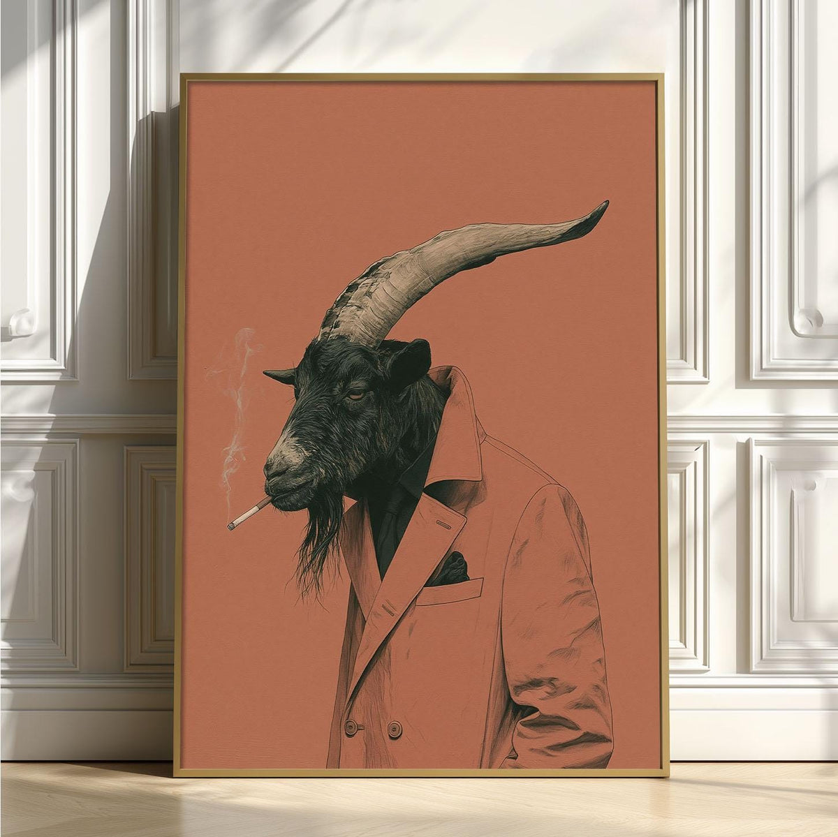 Funny Goat Poster Print, Smoking Goat Wall Art, Quirky Animal Portrait, Pink Rustic Farmhouse Bar Decor