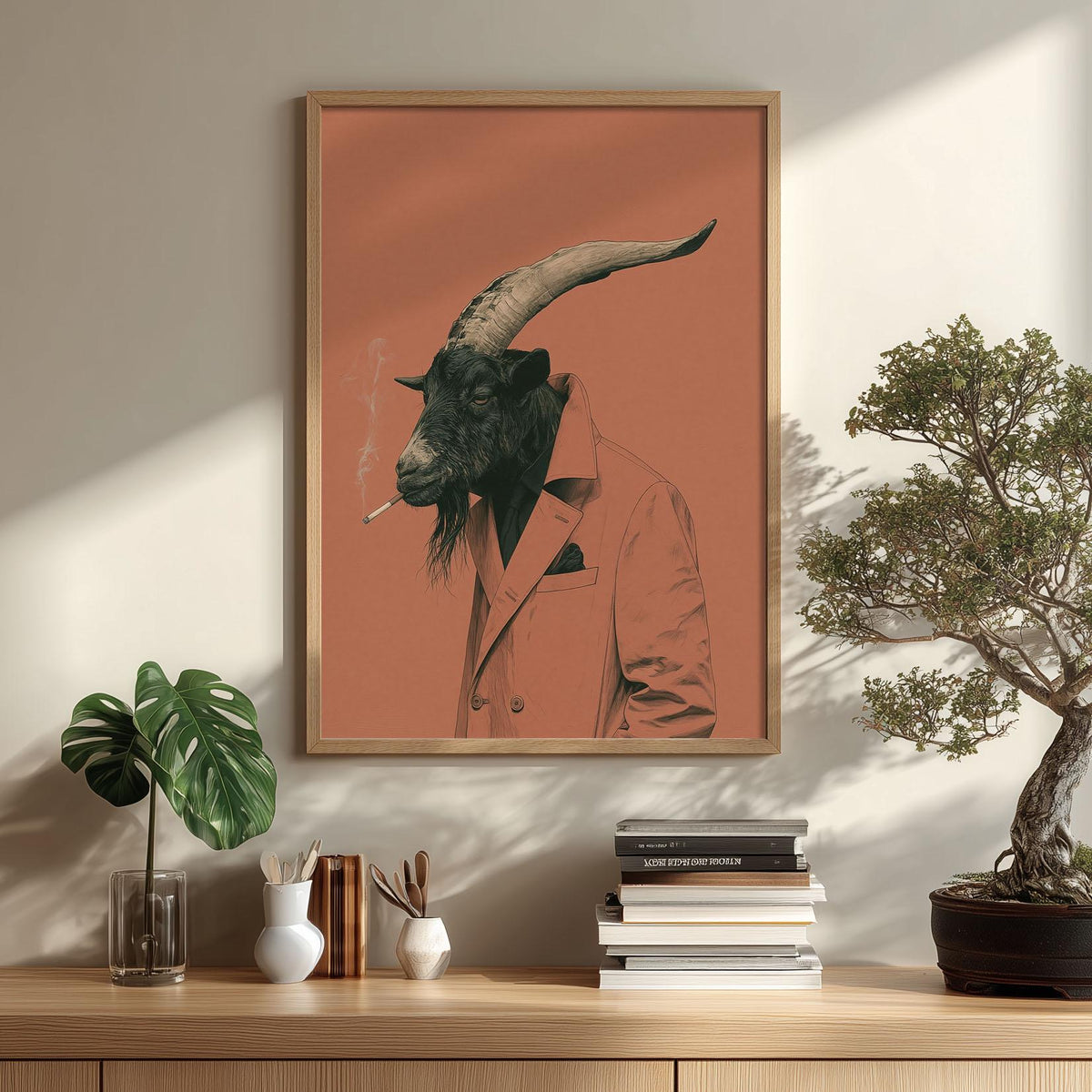 Funny Goat Poster Print, Smoking Goat Wall Art, Quirky Animal Portrait, Pink Rustic Farmhouse Bar Decor