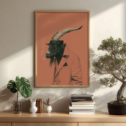 Funny Goat Poster Print, Smoking Goat Wall Art, Quirky Animal Portrait, Pink Rustic Farmhouse Bar Decor
