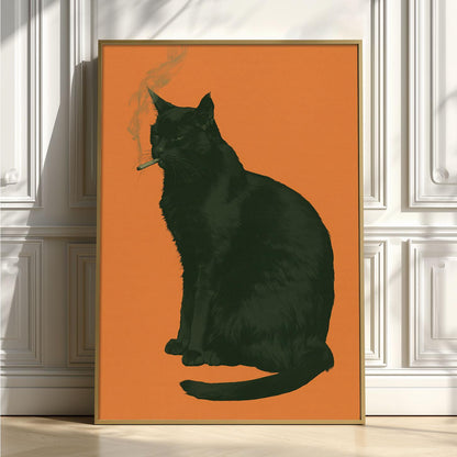 Smoking Black Cat Poster – Funny Cat Print | Quirky Orange Wall Art