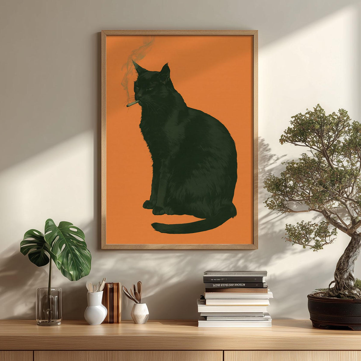 Smoking Black Cat Poster – Funny Cat Print | Quirky Orange Wall Art