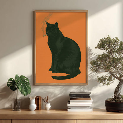 Smoking Black Cat Poster – Funny Cat Print | Quirky Orange Wall Art