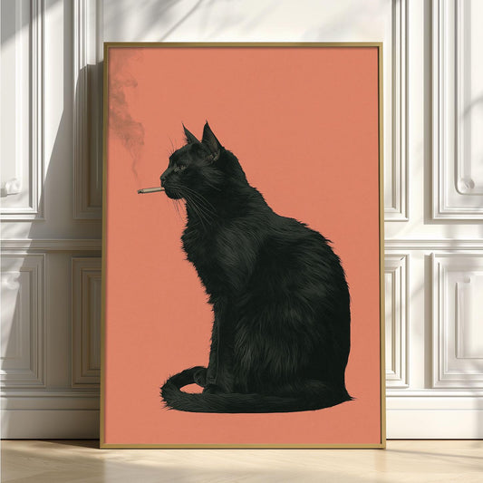 Smoking Black Cat Print – Quirky Animal Poster | Orange Gothic Wall Art