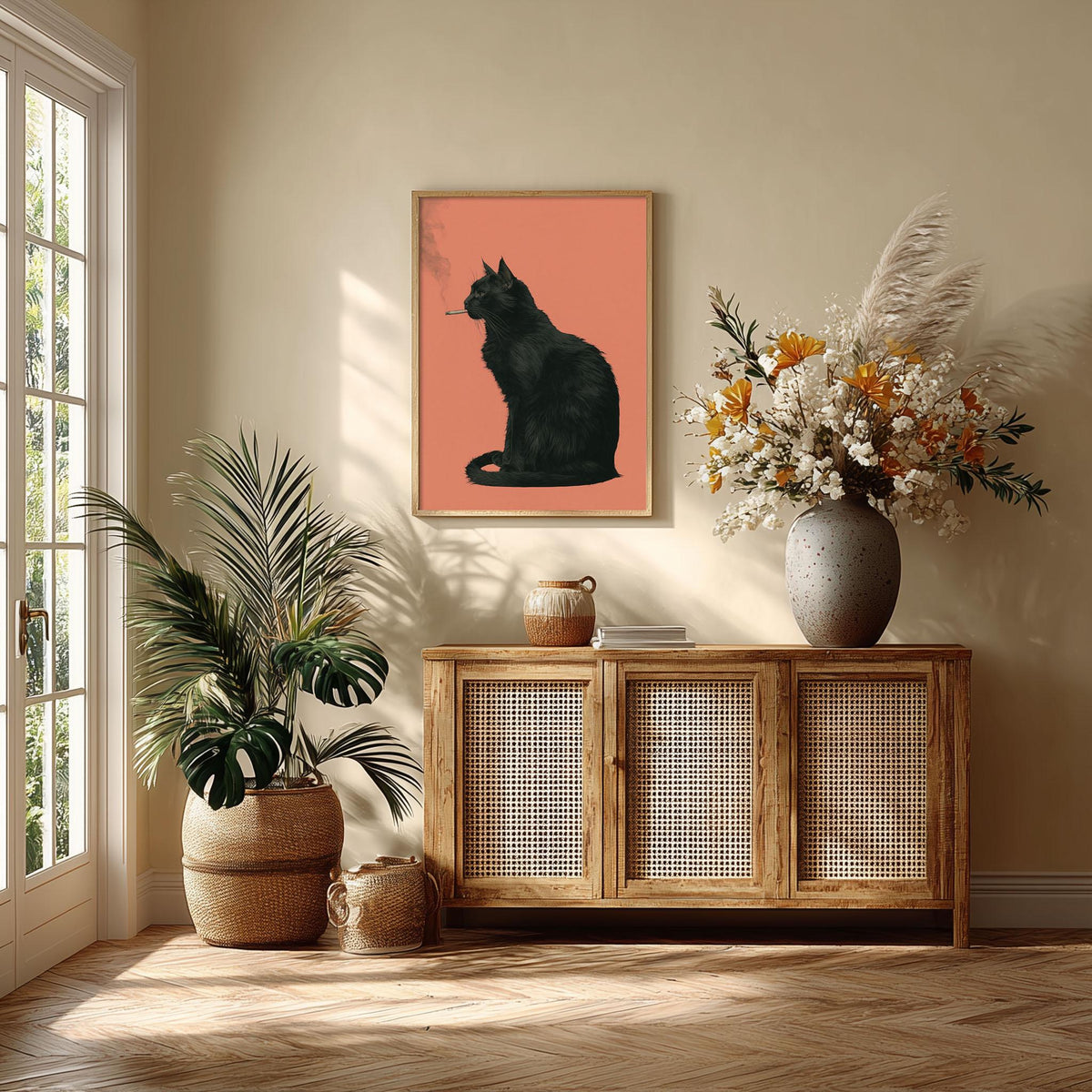 Smoking Black Cat Print – Quirky Animal Poster | Orange Gothic Wall Art