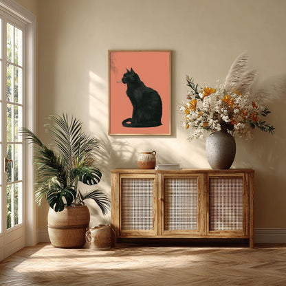 Smoking Black Cat Print – Quirky Animal Poster | Orange Gothic Wall Art