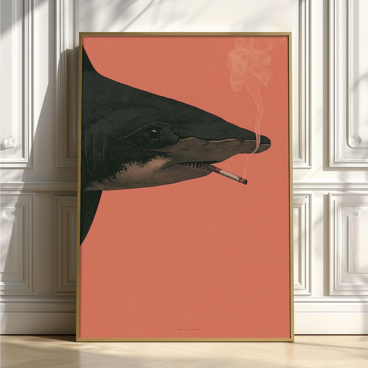 Hammerhead Shark Wall Art Print, Surreal Smoking Shark Poster, Pink Ocean Animal Decor