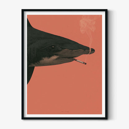 Hammerhead Shark Wall Art Print, Surreal Smoking Shark Poster, Pink Ocean Animal Decor