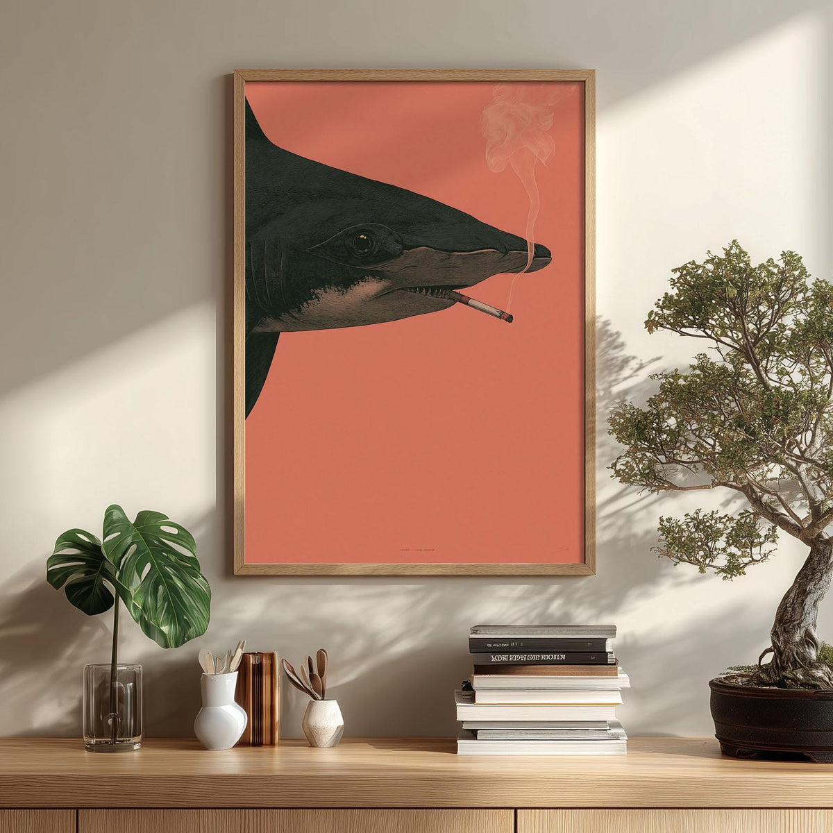 Hammerhead Shark Wall Art Print, Surreal Smoking Shark Poster, Pink Ocean Animal Decor