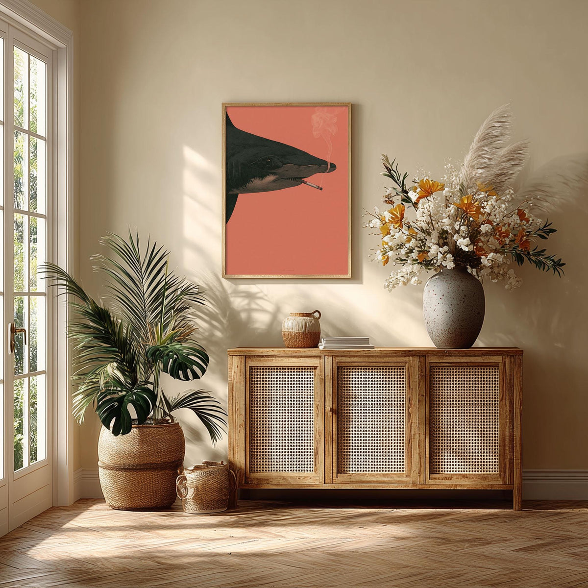 Hammerhead Shark Wall Art Print, Surreal Smoking Shark Poster, Pink Ocean Animal Decor