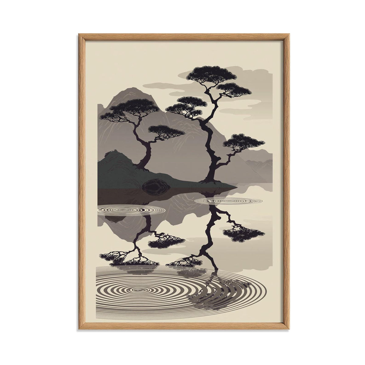 Minimalist Japanese Wall Artwork Print, Monochrome Landscape Poster, Reflective Mountain Decor