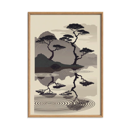 Minimalist Japanese Wall Artwork Print, Monochrome Landscape Poster, Reflective Mountain Decor