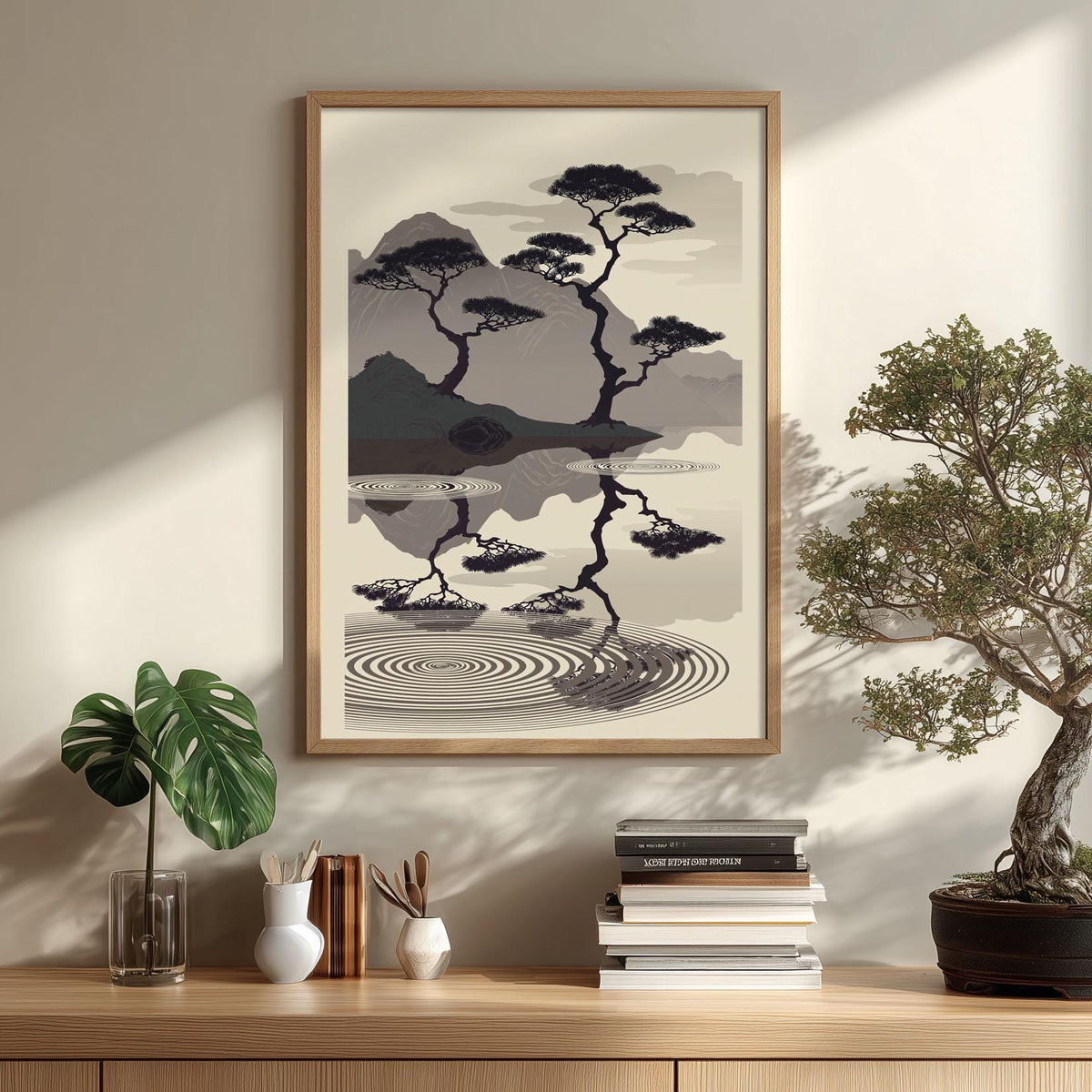 Minimalist Japanese Wall Artwork Print, Monochrome Landscape Poster, Reflective Mountain Decor