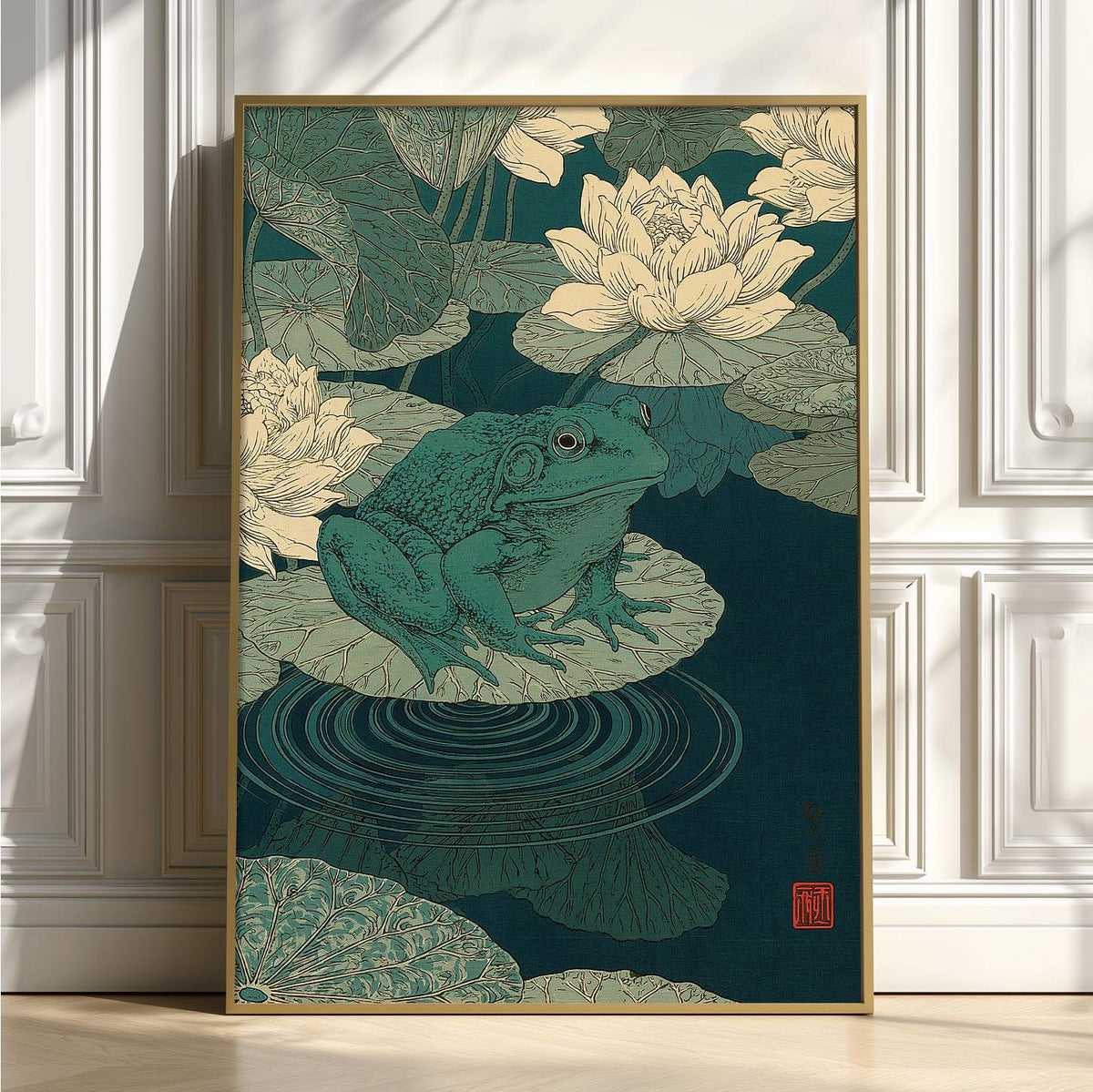 Japanese Frog Waterlily Pond Wall Art Print, Botanical Illustration, Lotus Nature Decor