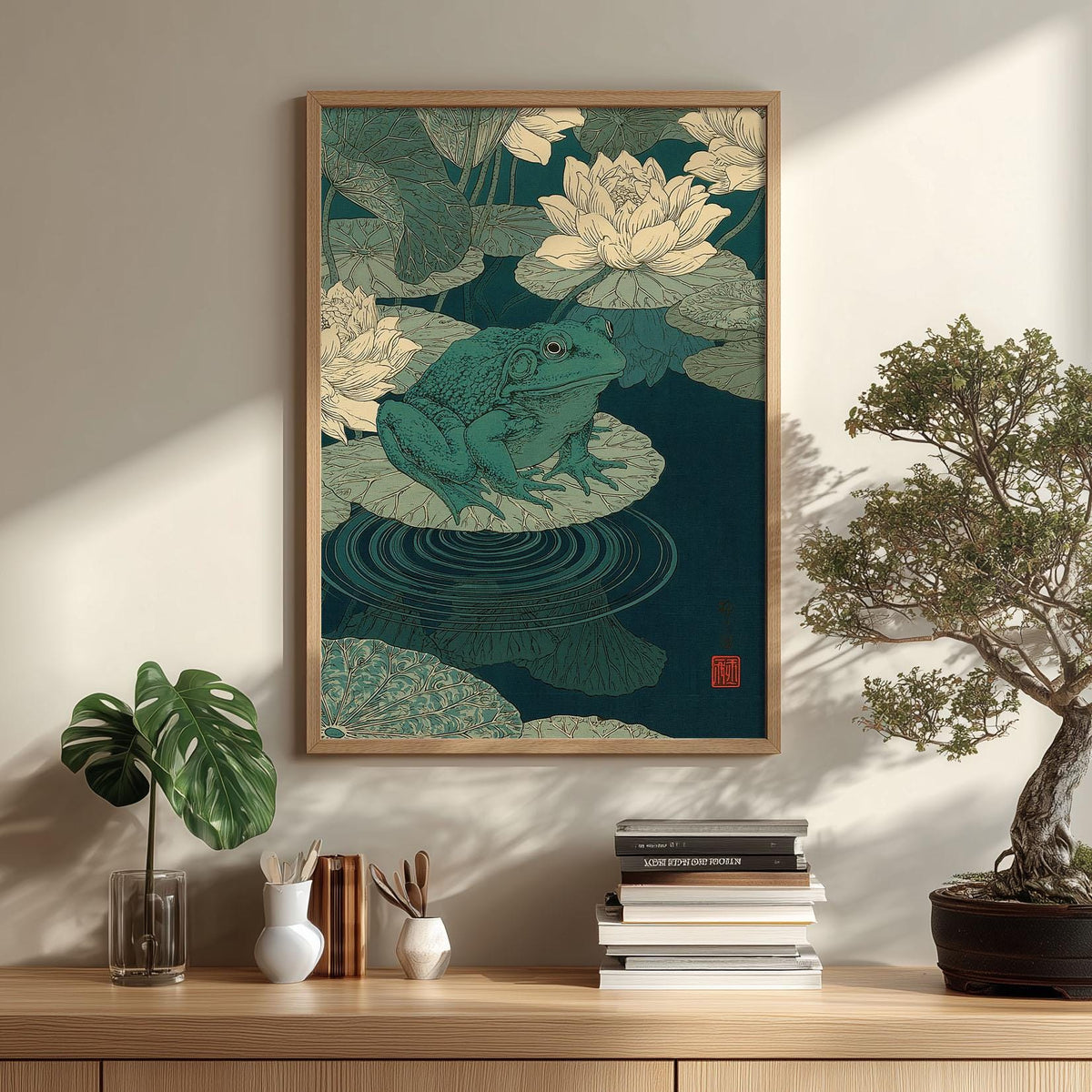 Japanese Frog Waterlily Pond Wall Art Print, Botanical Illustration, Lotus Nature Decor