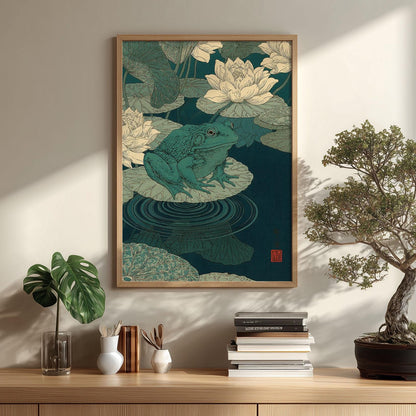 Japanese Frog Waterlily Pond Wall Art Print, Botanical Illustration, Lotus Nature Decor