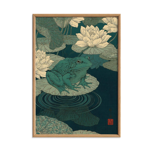 Japanese Frog Waterlily Pond Wall Art Print, Botanical Illustration, Lotus Nature Decor