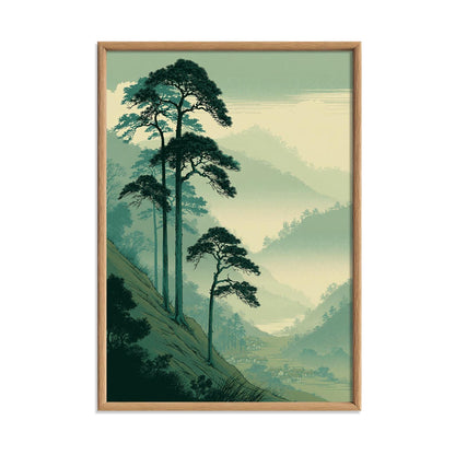 Japanese Pine Tree Poster, Misty Mountain Landscape Print, Green Forest Picture, Zen Nature Decor, Asian Wall Decor