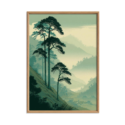 Japanese Pine Tree Poster, Misty Mountain Landscape Print, Green Forest Picture, Zen Nature Decor, Asian Wall Decor