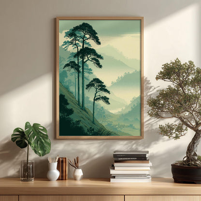 Japanese Pine Tree Poster, Misty Mountain Landscape Print, Green Forest Picture, Zen Nature Decor, Asian Wall Decor
