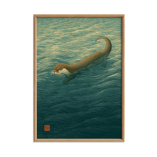 Otter Japanese Poster, Swimming Otter Print, Nature Picture