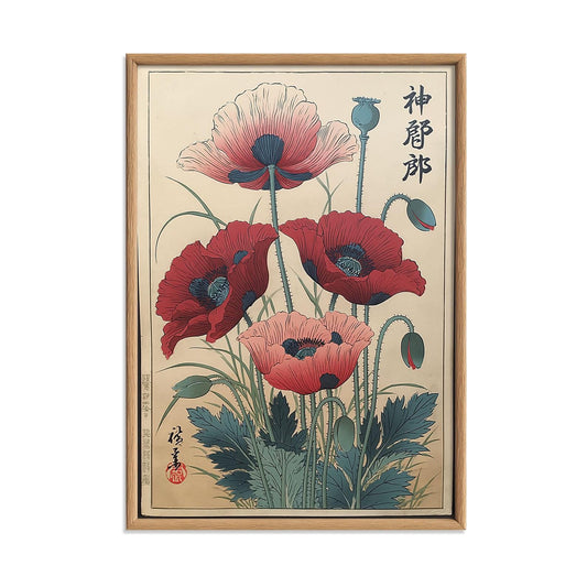 Poppy Flower Japanese Poster, Red Botanical Print, Vintage Floral Picture