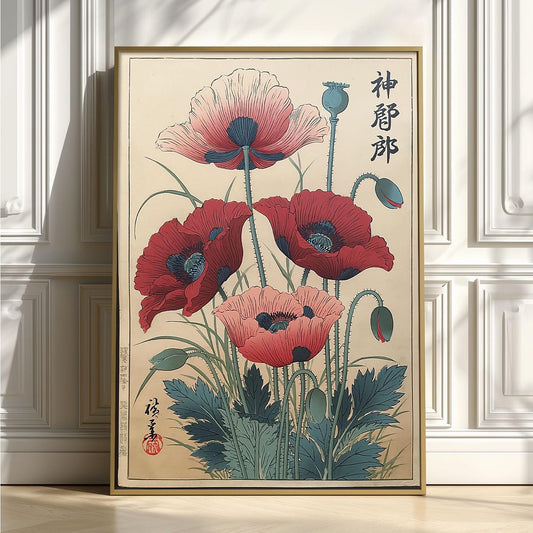 Poppy Flower Japanese Poster, Red Botanical Print, Vintage Floral Picture