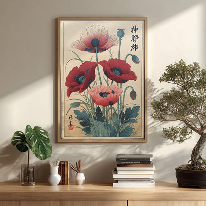 Poppy Flower Japanese Poster, Red Botanical Print, Vintage Floral Picture
