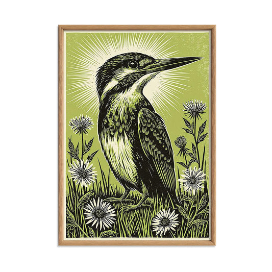 Kingfisher Linocut Poster, Green Bird Illustration, Botanical Art Print