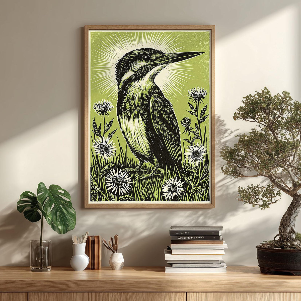 Kingfisher Linocut Poster, Green Bird Illustration, Botanical Art Print