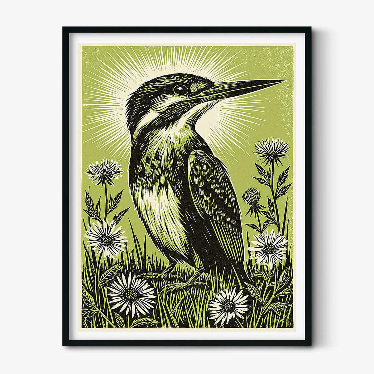 Kingfisher Linocut Poster, Green Bird Illustration, Botanical Art Print