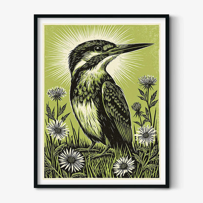 Kingfisher Linocut Poster, Green Bird Illustration, Botanical Art Print