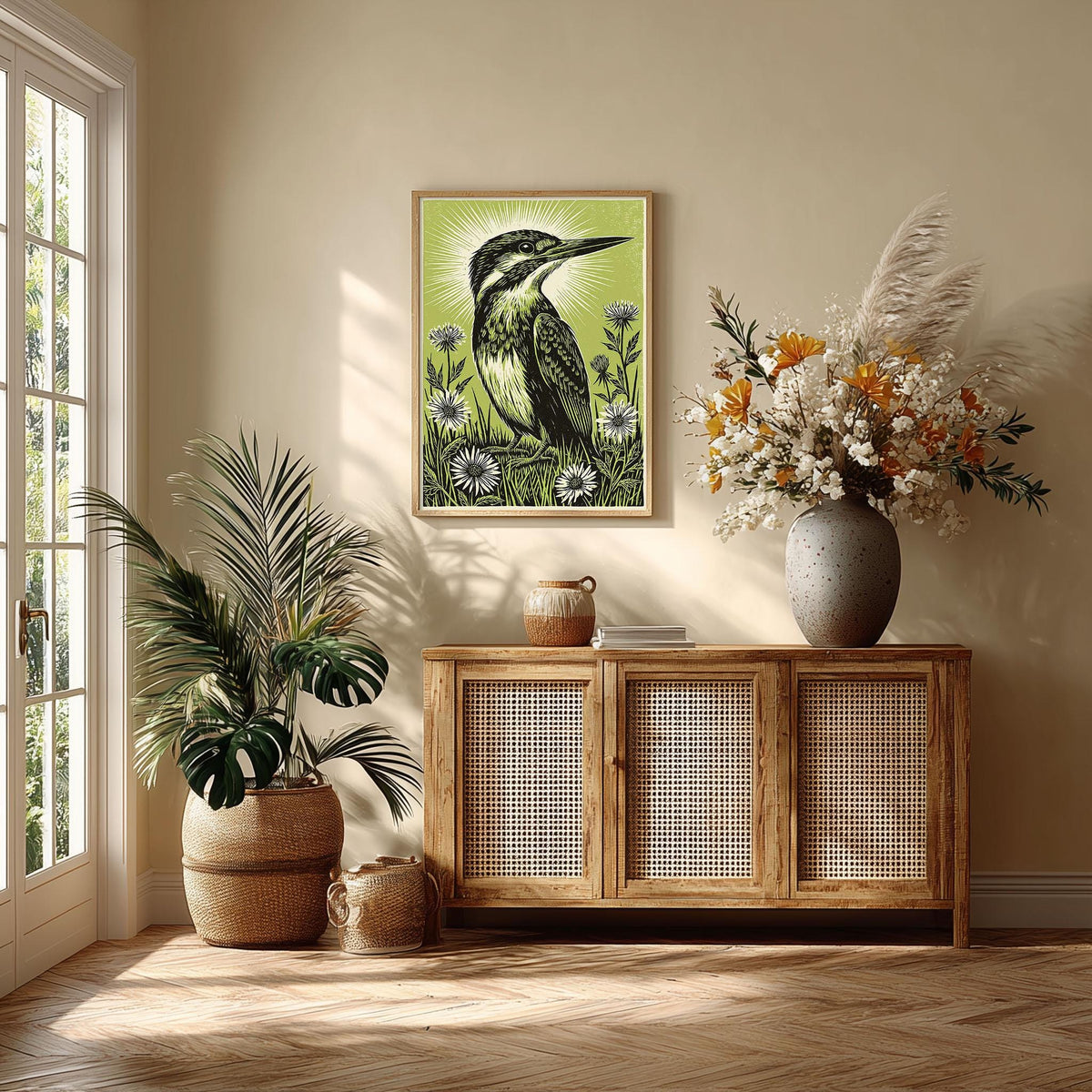 Kingfisher Linocut Poster, Green Bird Illustration, Botanical Art Print