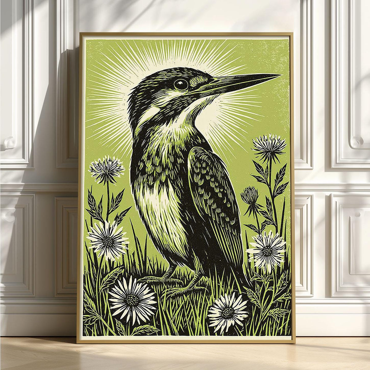 Kingfisher Linocut Poster, Green Bird Illustration, Botanical Art Print
