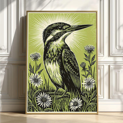 Kingfisher Linocut Poster, Green Bird Illustration, Botanical Art Print