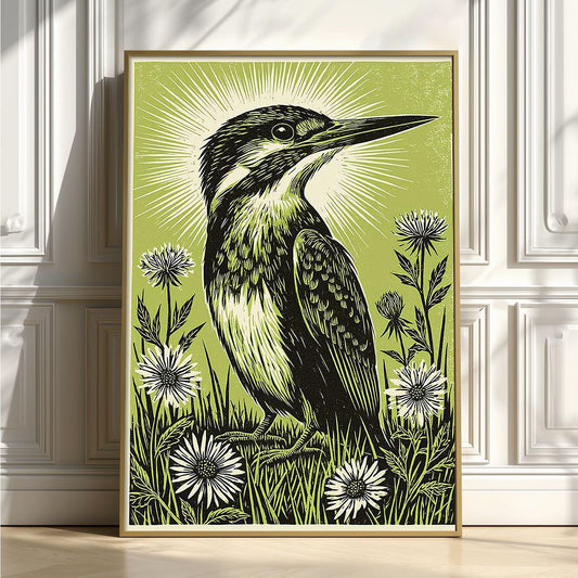 Kingfisher Linocut Poster, Green Bird Illustration, Botanical Art Print