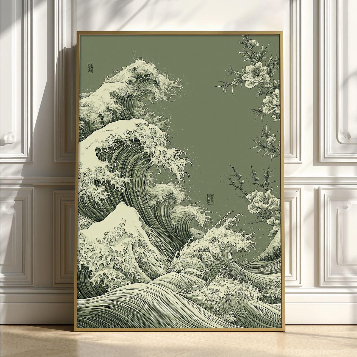 Ocean Wave Japanese Poster, Green Sea Illustration, Floral Art Print