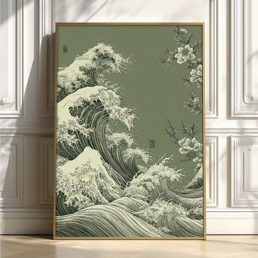 Ocean Wave Japanese Poster, Green Sea Illustration, Floral Art Print