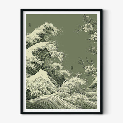 Ocean Wave Japanese Poster, Green Sea Illustration, Floral Art Print