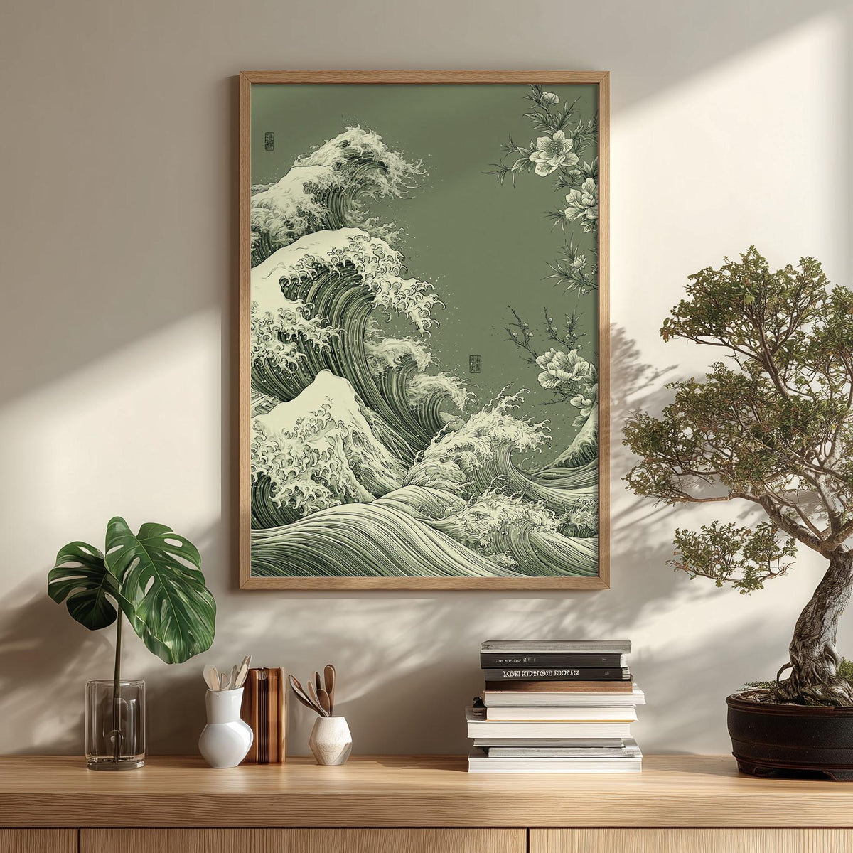 Ocean Wave Japanese Poster, Green Sea Illustration, Floral Art Print