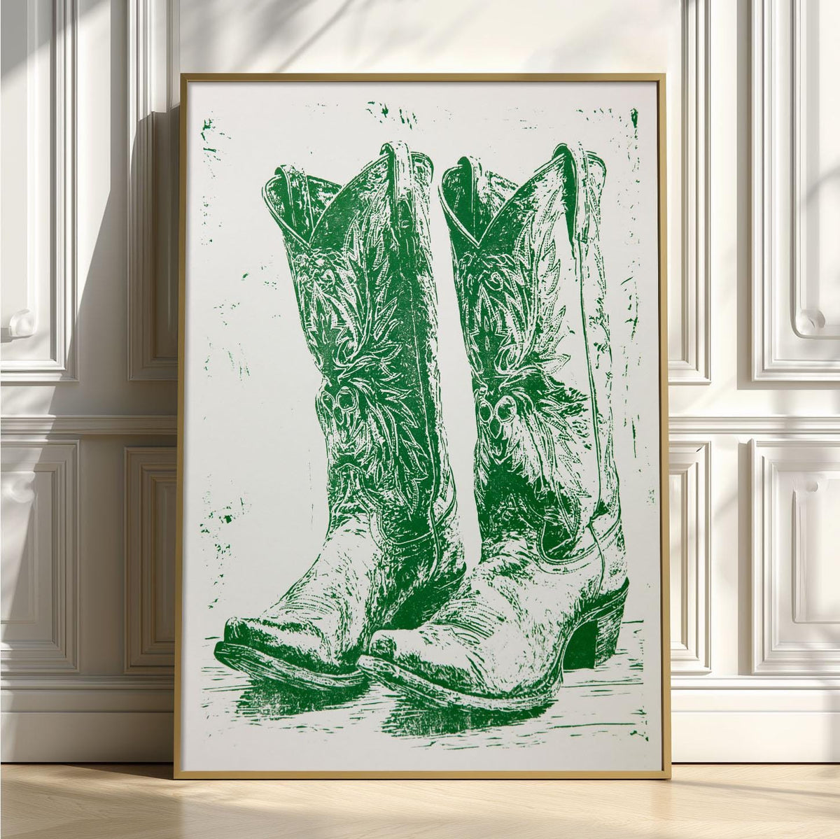 Cowboy Boots Western Poster, Green Boot Illustration, Vintage Wall Print