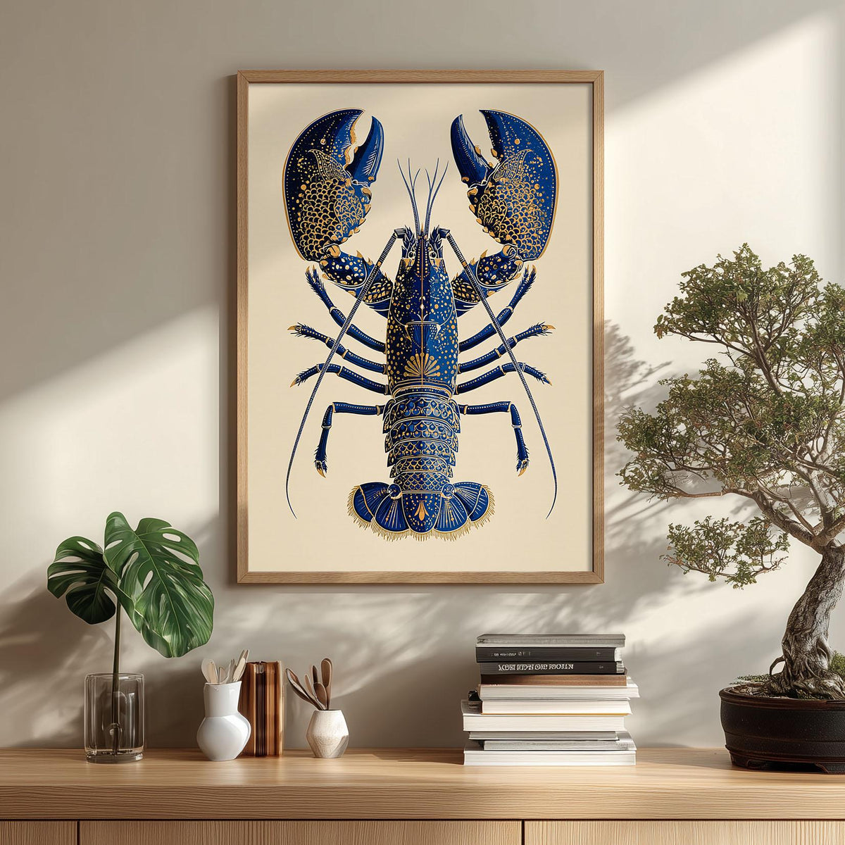 Lobster Botanical Poster, Blue Seafood Illustration, Coastal Art Print