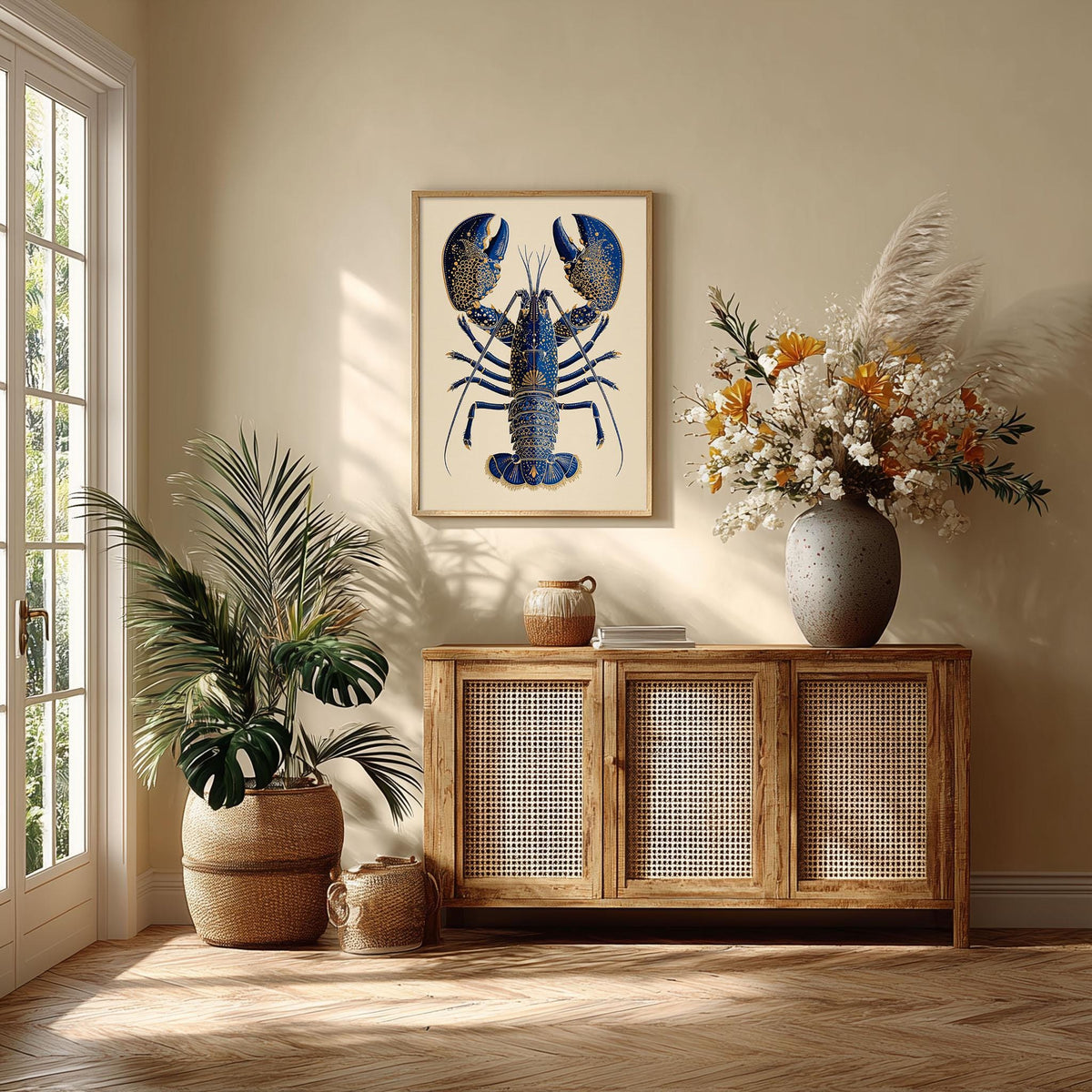 Lobster Botanical Poster, Blue Seafood Illustration, Coastal Art Print