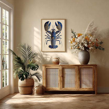 Lobster Botanical Poster, Blue Seafood Illustration, Coastal Art Print