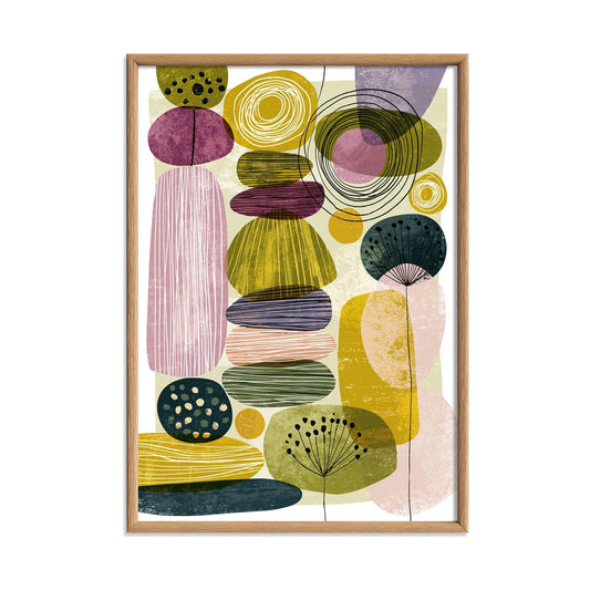 Abstract Botanical Mid Century Poster, Green Pink Geometric Illustration, Modern Print
