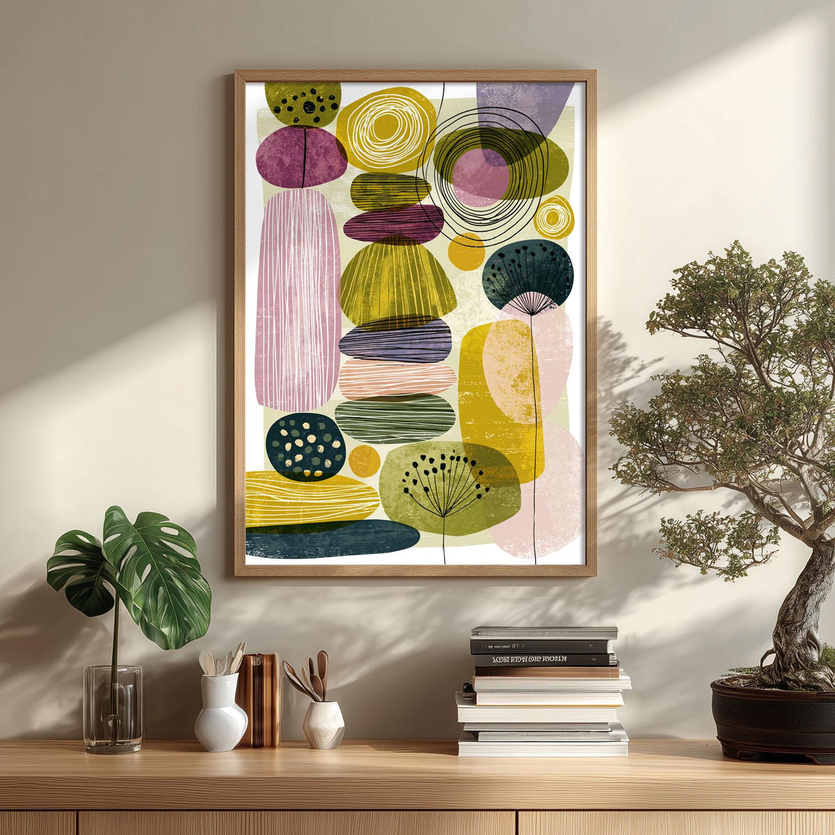 Abstract Botanical Mid Century Poster, Green Pink Geometric Illustration, Modern Print