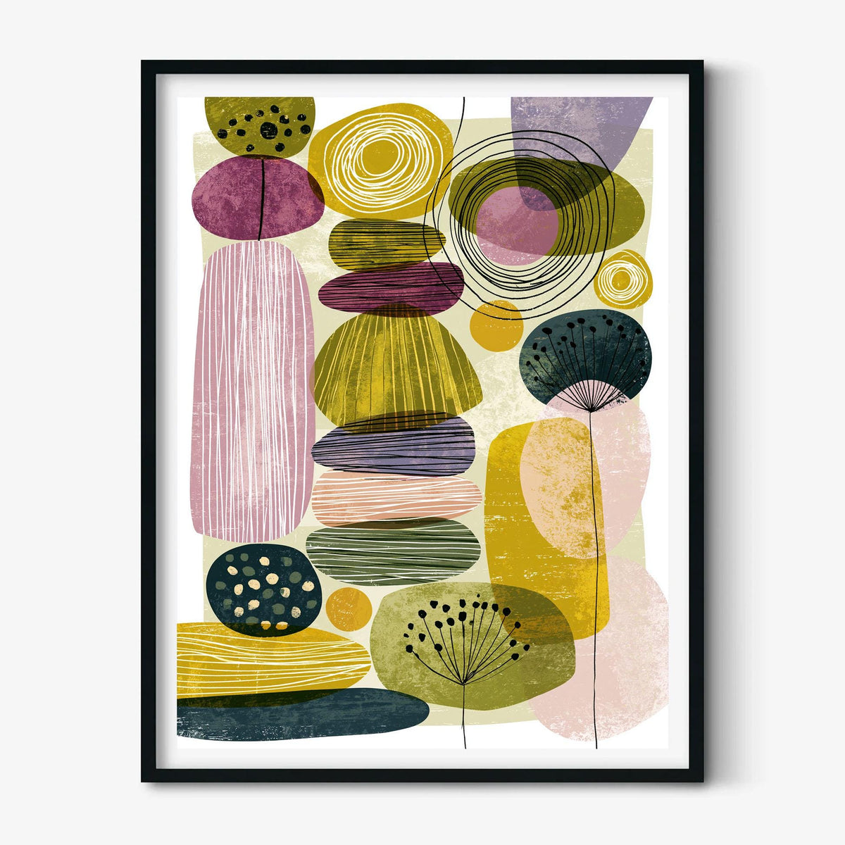 Abstract Botanical Mid Century Poster, Green Pink Geometric Illustration, Modern Print