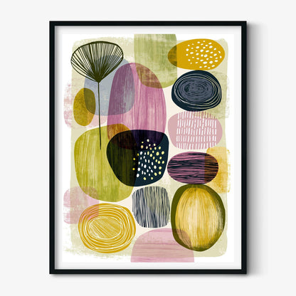 Geometric Mid Century Poster, Green Purple Illustration, Retro Wall Art