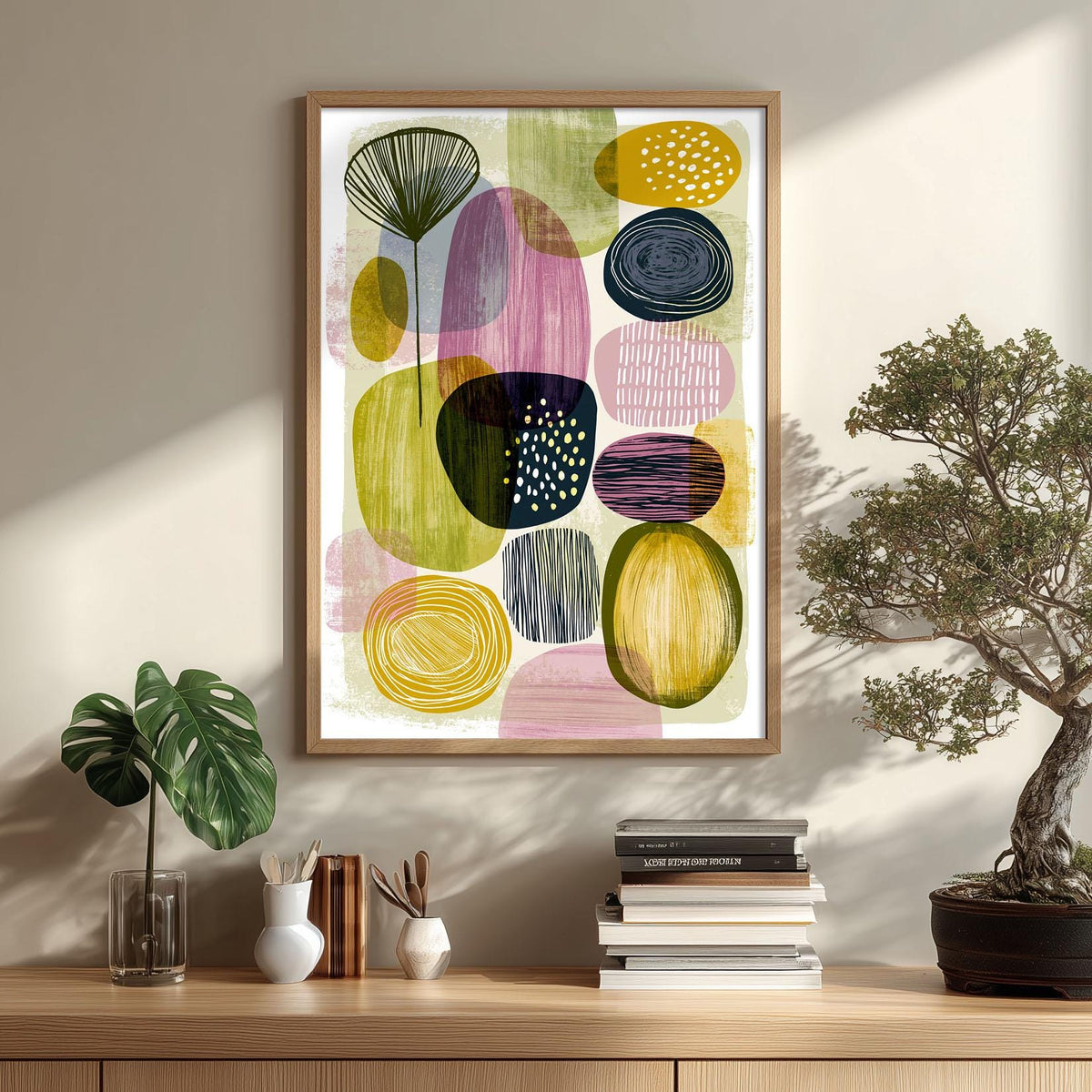 Geometric Mid Century Poster, Green Purple Illustration, Retro Wall Art
