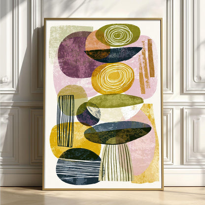 Geometric Mid Century Poster, Green Purple Illustration, Retro Wall Art