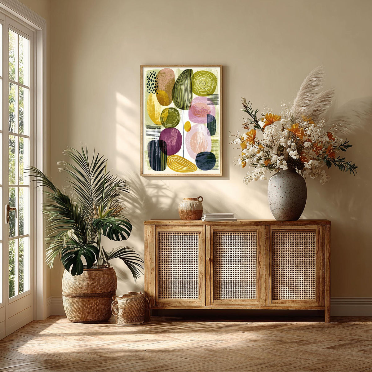Geometric Mid Century Poster, Green Purple Illustration, Retro Wall Art